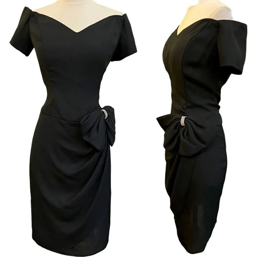 Stunning Vintage 80s VaVaVoom Oversized Rhinestone Bow Off the Shoulder Dress
